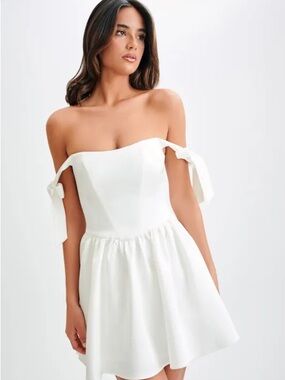 Meshki White Satin Strapless Tie-Sleeve Mini Dress
